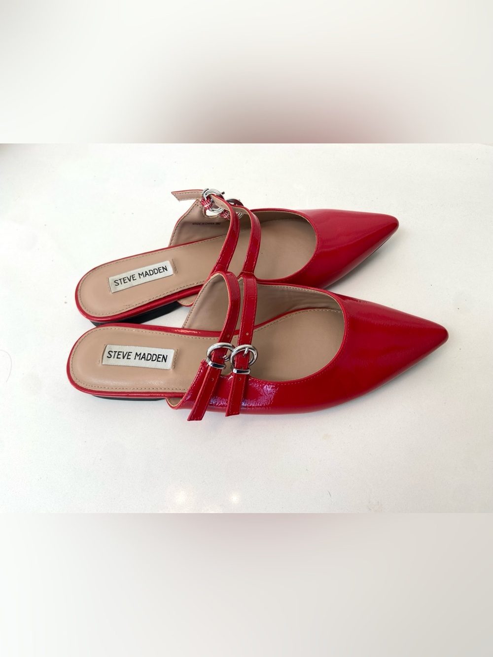 Steve Madden Elizaa Red Patent Buckle Pointed Toe Mule Flats 9M